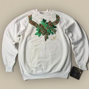 Vtg 1993 Joan Studwell Ugly Christmas Sweater Ribbon Bow Hand Painted XL Glitter